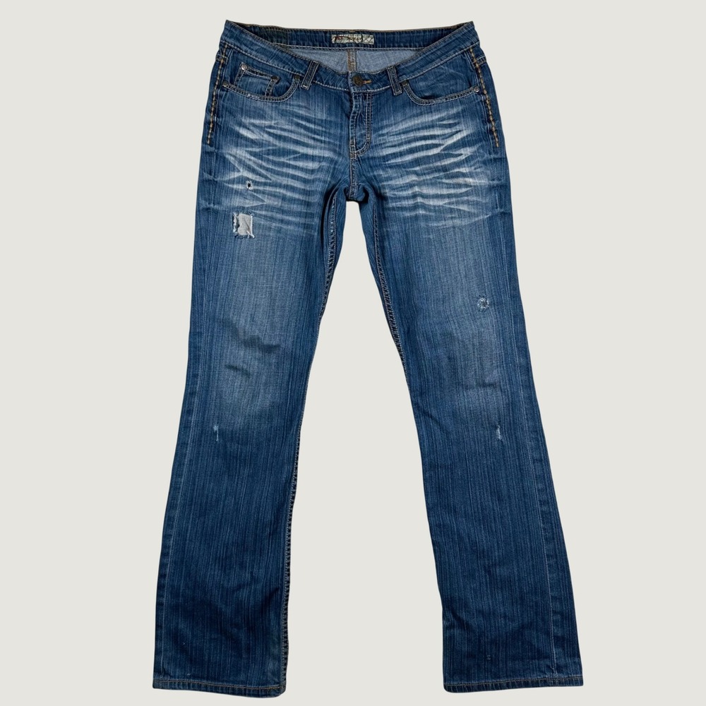BKE Tenley Straight Leg Jeans Womens Low Rise Whiskered Distressed 31x35.5 Blue
